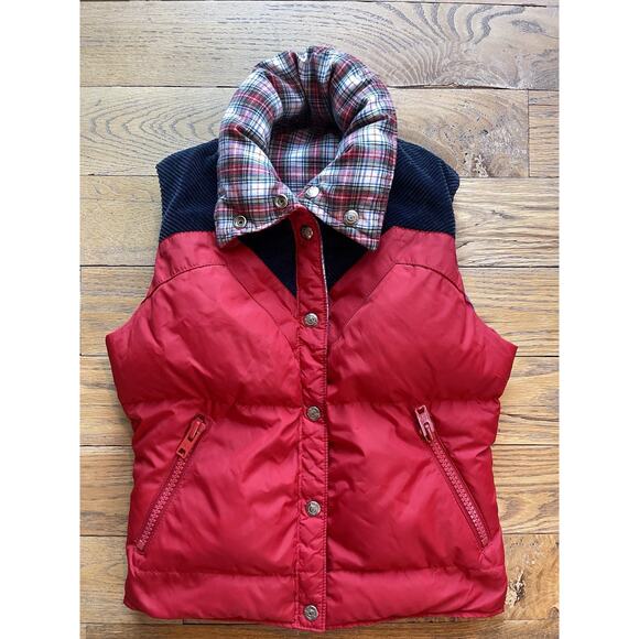 VTG OBERMEYER Reversible Puffer Vest XS Plaid Western Red Blue Snap Front Ski - Picture 6 of 10